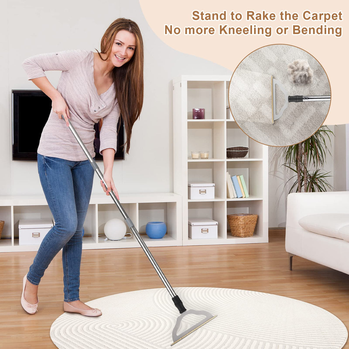 47“ Adjustable Long Handle Carpet Rake Pet Hair Remover
