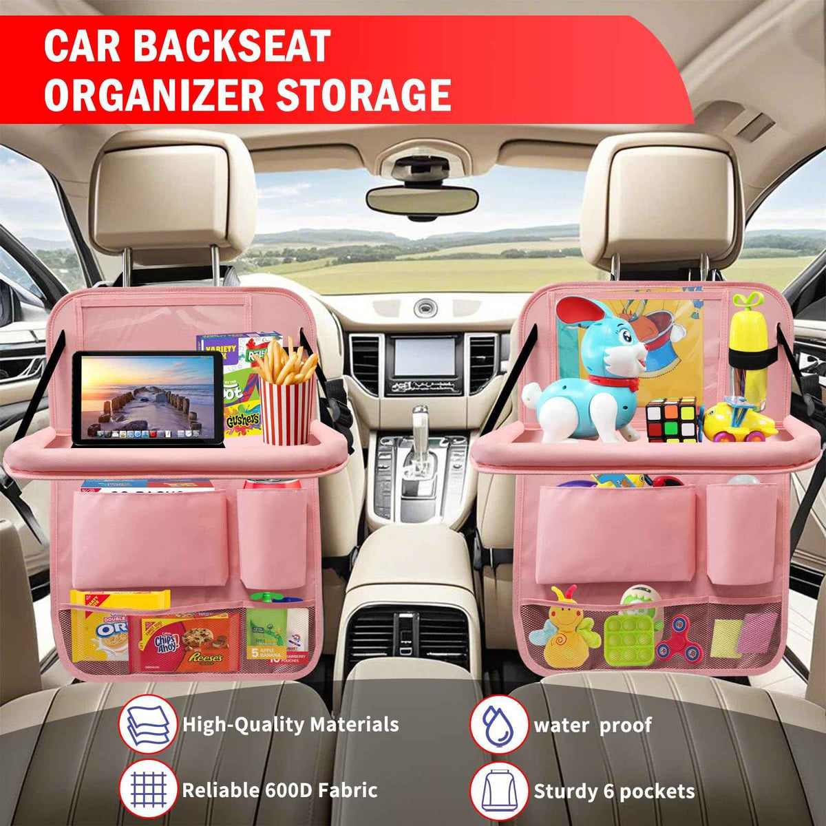 2Pack Back Seat Car Organizer with Tablet Holder & Foldable Table Tray Pink (Pink / 2 Pack with Food Tray)