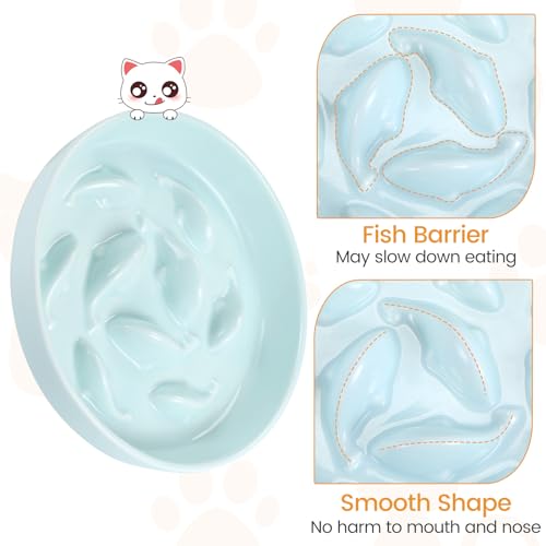 Slow Feeder Cat Bowl Elevated Ceramic with Bamboo Stand (Green Fish)