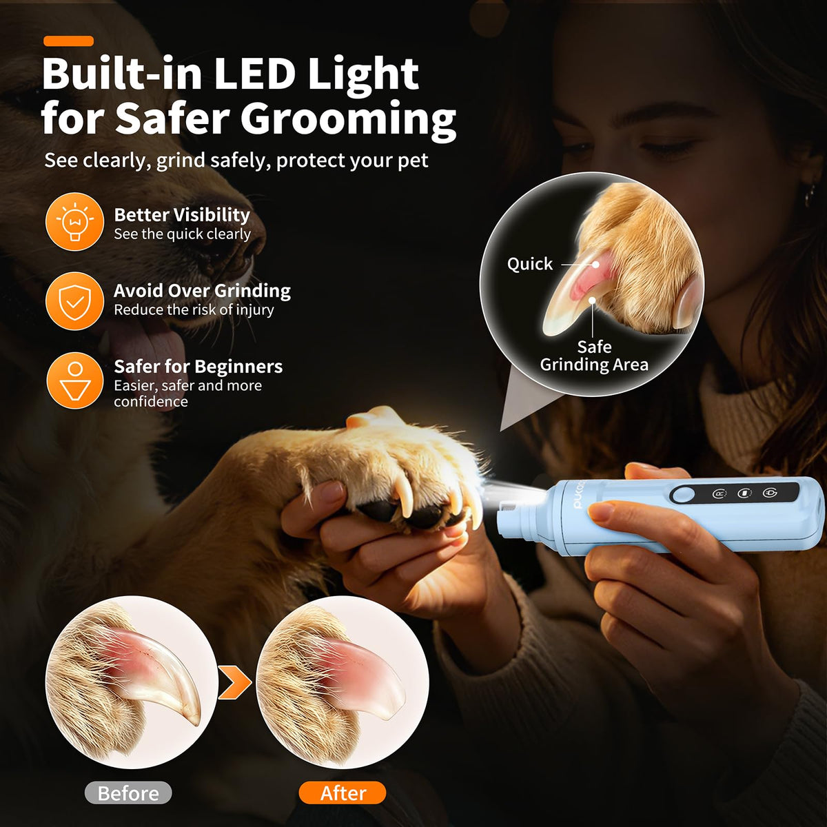 Dog Nail Grinder Quiet with LED Light Electric Cat Nail Trimmer (Blue)
