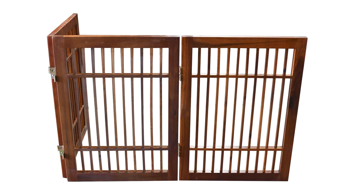 Freestanding Wooden Dog Gate Foldable Indoor Pet Gate No Drill Expandable Barrier for Doorways Stairs Hallways Portable Wood Fence for Small Dogs & Puppies (3 Panel 24" Tall / Brown Pet Gate)