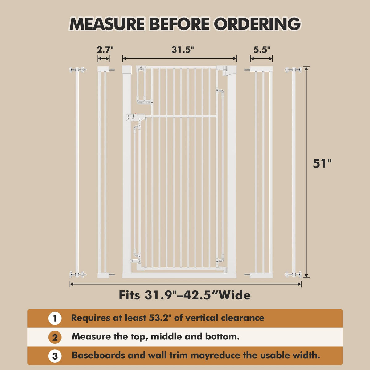 51" Extra Tall Pet Gate for Cats & Dogs (Matte White / 31.5-42.5"Wide,51"Tall)