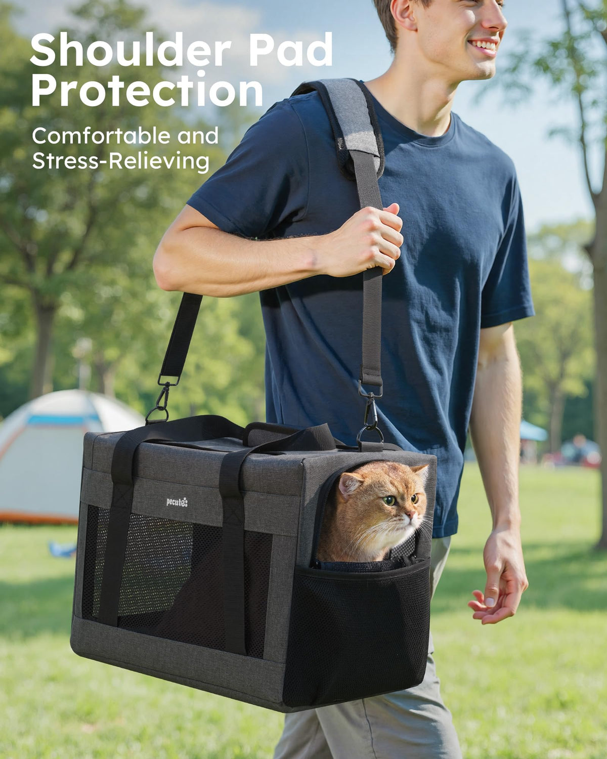 Cat Carrier Portable Travel Pet Carrier with Stable Structure (Grey / 16.7"L x 11.8"W x 12.5"H)