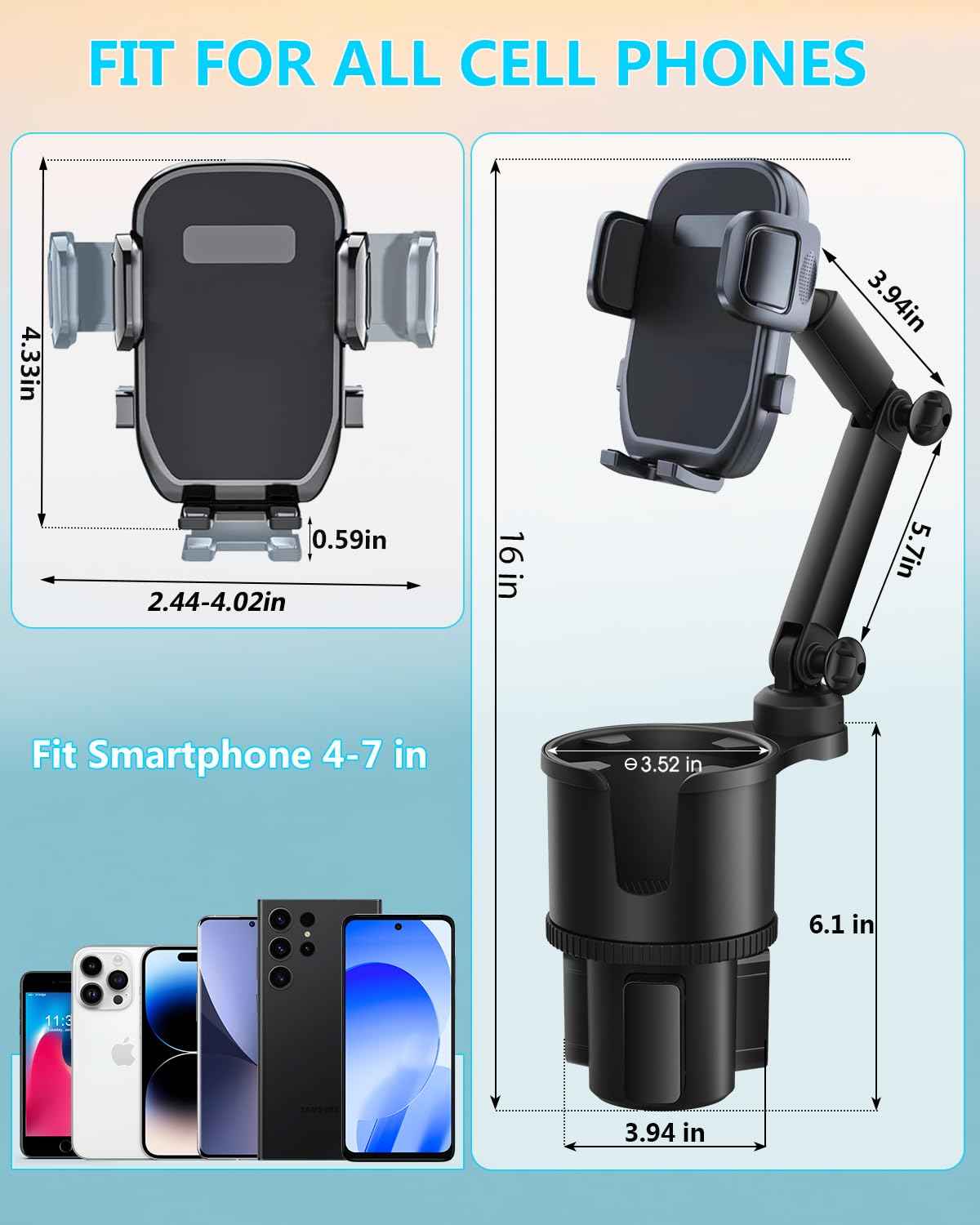 2-in-1 Cup Phone Holder for Car, 360° Adjustable Car Phone Mount (black)