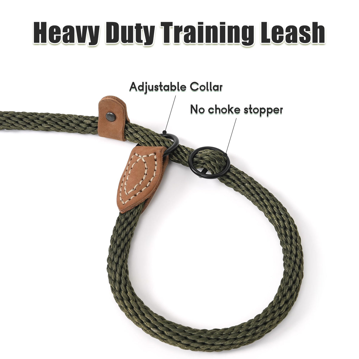 Heavy Duty Slip Lead No Pull Leash w Leather (Drak Green / 6 Feet)