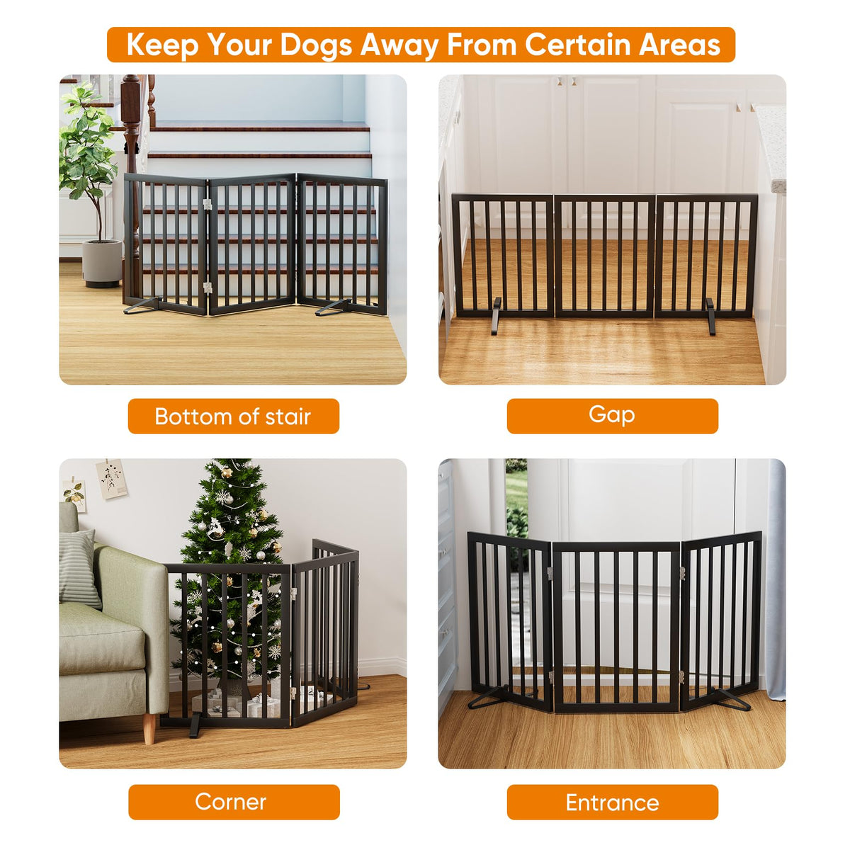 Black 18 55" Foldable Pet Gate for Stairs & Doorways (Bamboo Dog Gate Black / 3 Panel - 55 inches Wide)