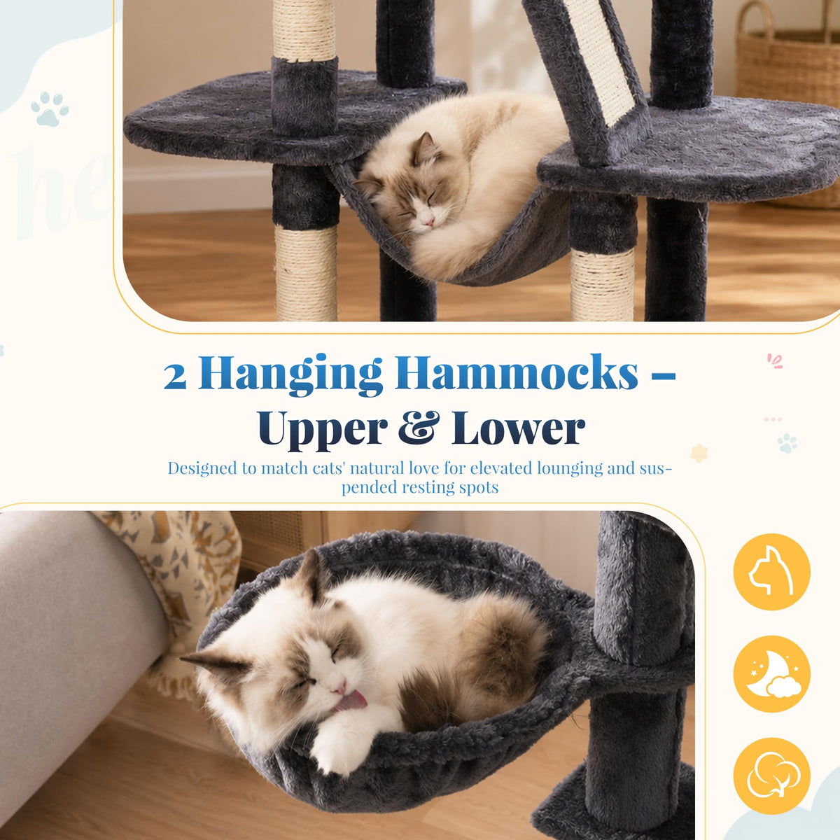 Cat Tree Tower with Padded Platform Bed (53 Inch / Smoky Gray)