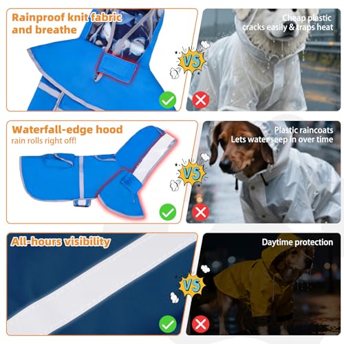 2-in-1 Reversible Large Dog Raincoat, Hooded Rain Jacket Poncho (L:25-40lbs / blue)