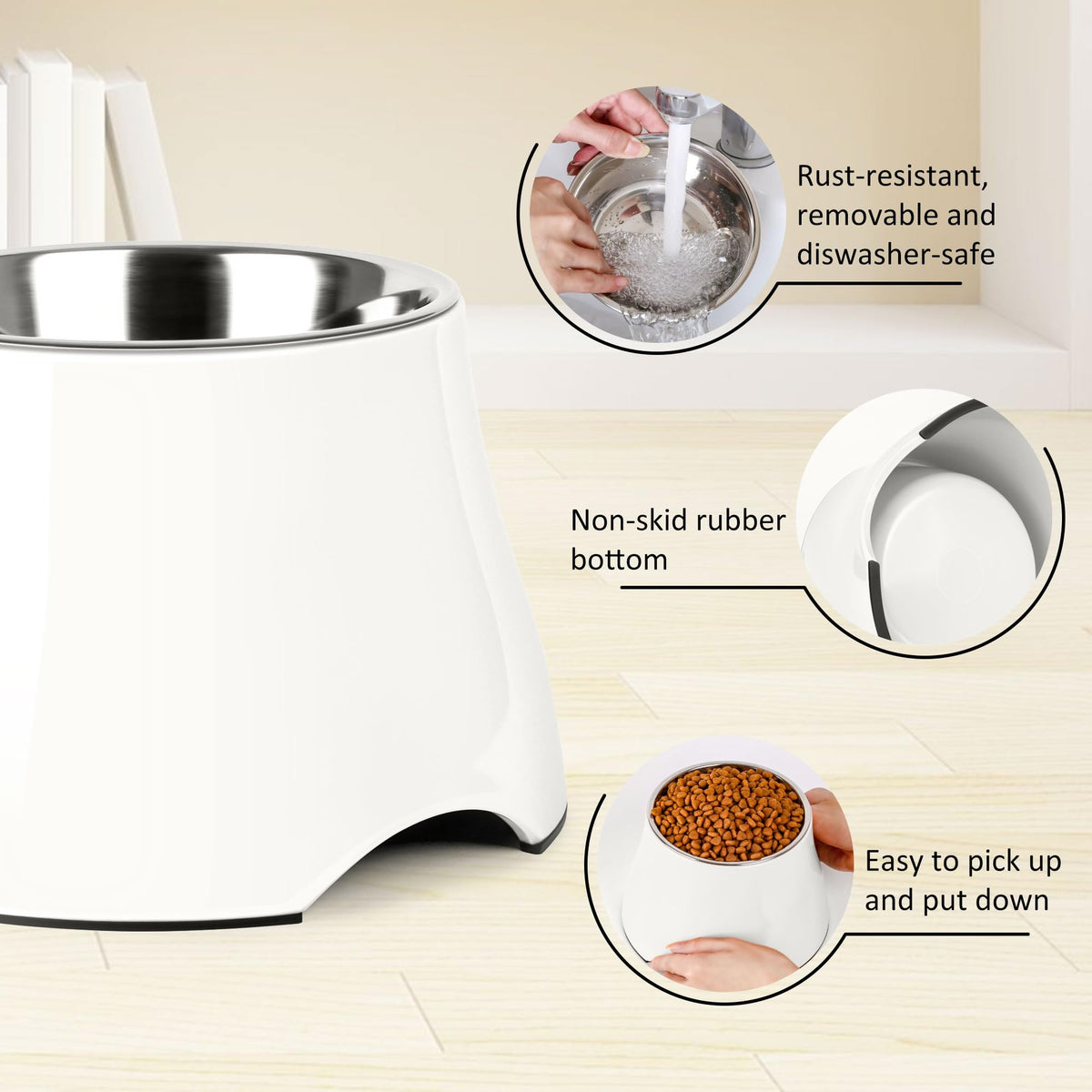 Dog Bowls Cone Friendly Non Slip Single Dog Bowl with Stainless Steel Inner (Small(1 Cup) / White)