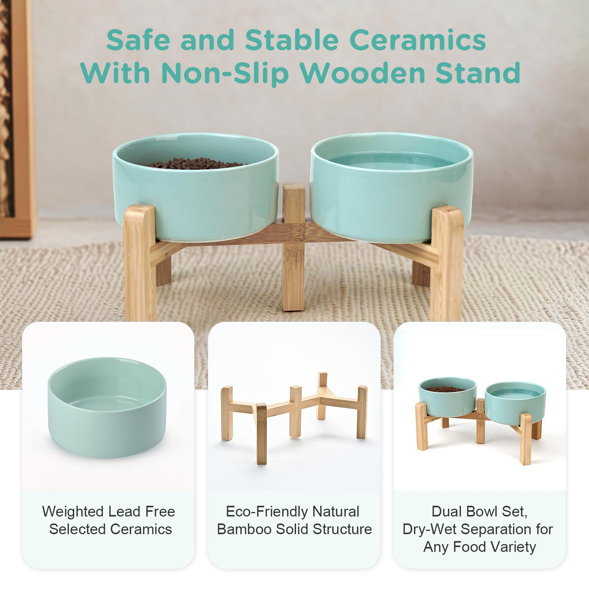 Elevated Dog Bowls Ceramic (6.1 in - 3.6 cups / Light Green)