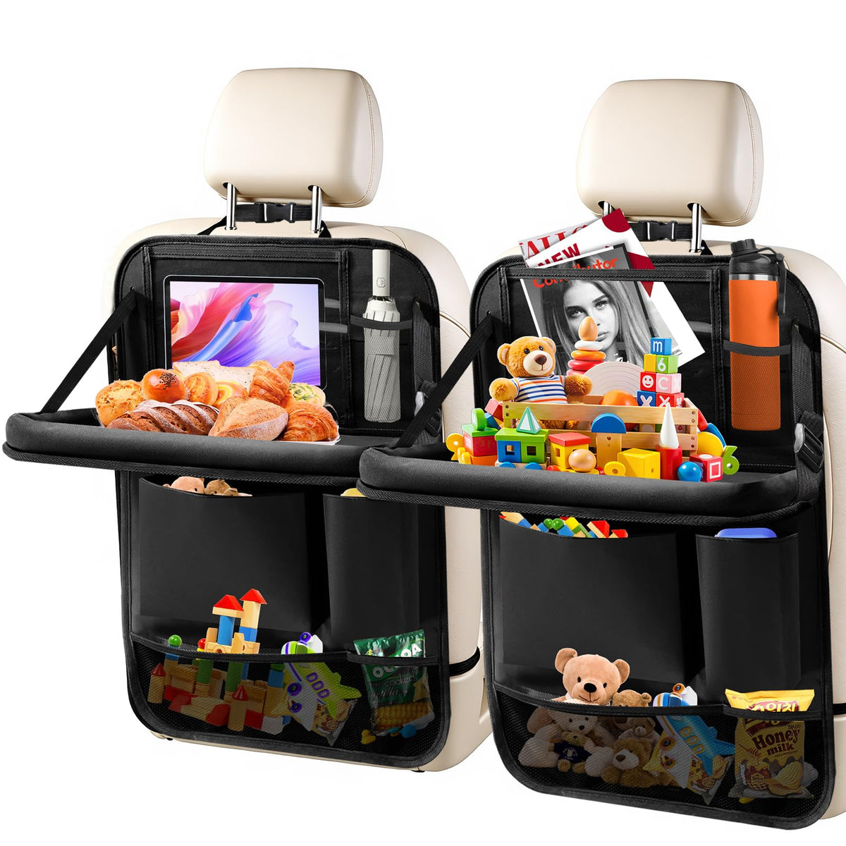 2Pack Car Backseat Organizer with Table Tray Car Organizer Back Seat (Black / 2 Pack with Food Tray)