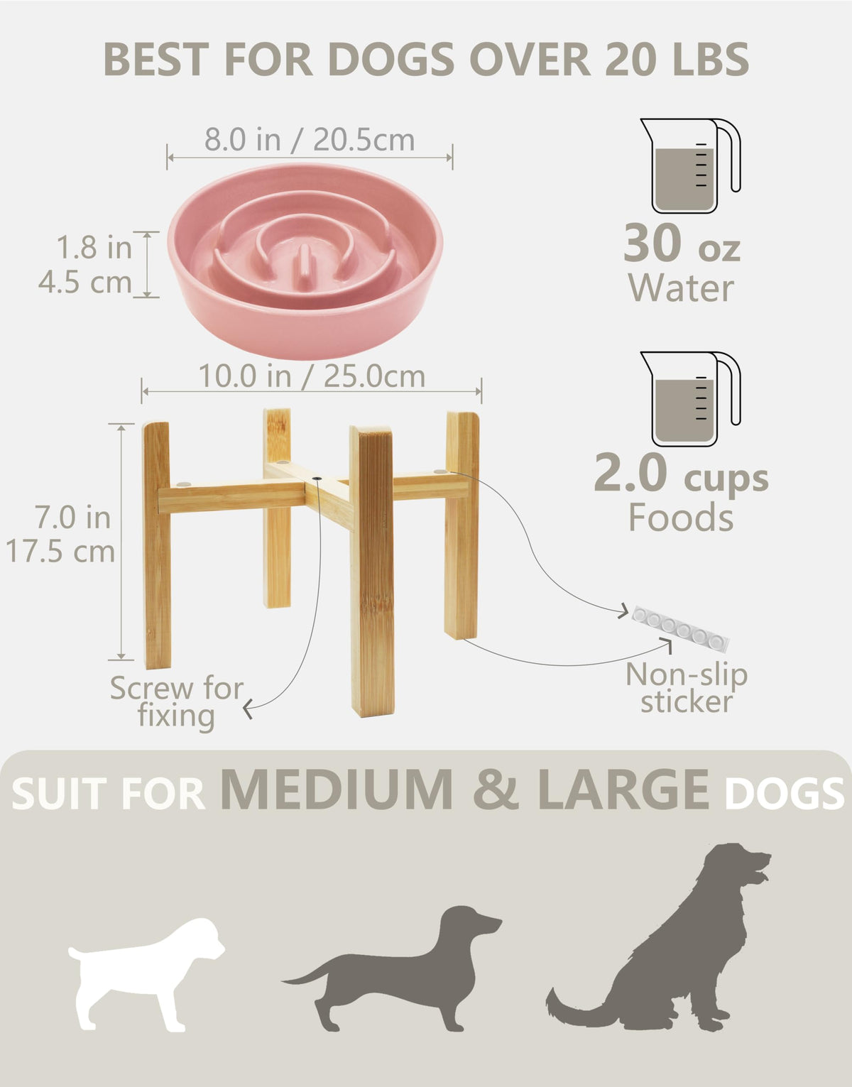 Ceramic Slow Feeder Dog Bowls Elevated (Pink + Stand / 8 Inches)