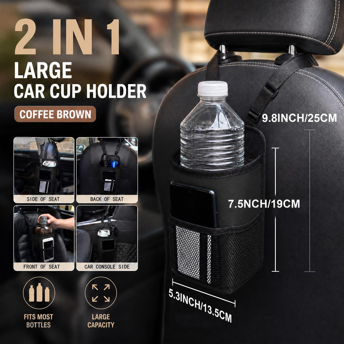 2-in-1 Large Cup Holder, Car Seat Side Organizer, Car Seat Side Large Cup Holder Expander Adapter Bag, Auto Organizer Accessories Car Stuff Holder with Mesh Pocket for Phone & Drink (Black)