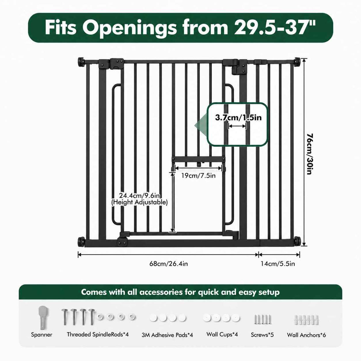Pet Gate with Cat Door (Black / 29.5-37"Wide,30"Tall)