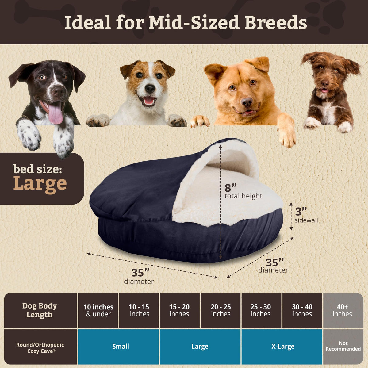 Cozy Cave Dog Bed (35.0"L x 35.0"W x 8.0"Th / Navy)