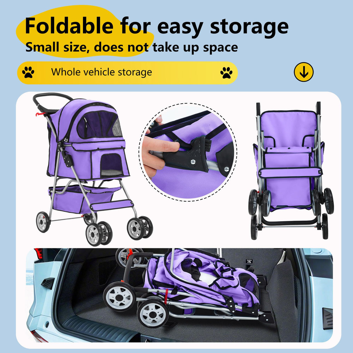 4 Wheel Foldable Pet Stroller (Purple / 4 Wheels)