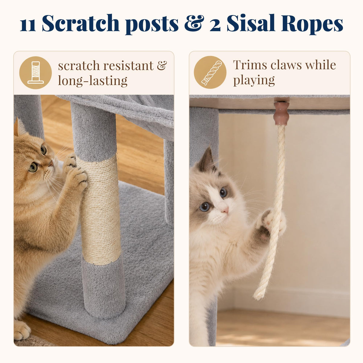 Cat Tree Tower with Stable Extended Base (Light Gray / 71.9 Inches)