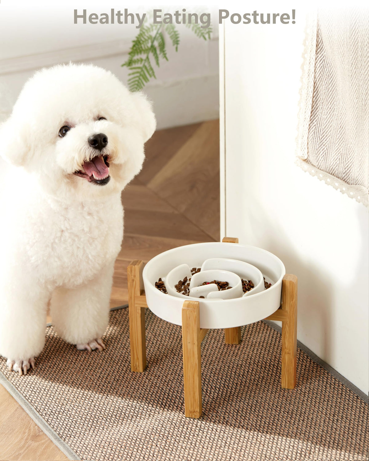 Ceramic Slow Feeder Dog Bowls Elevated (White + Stand / 8 Inches)