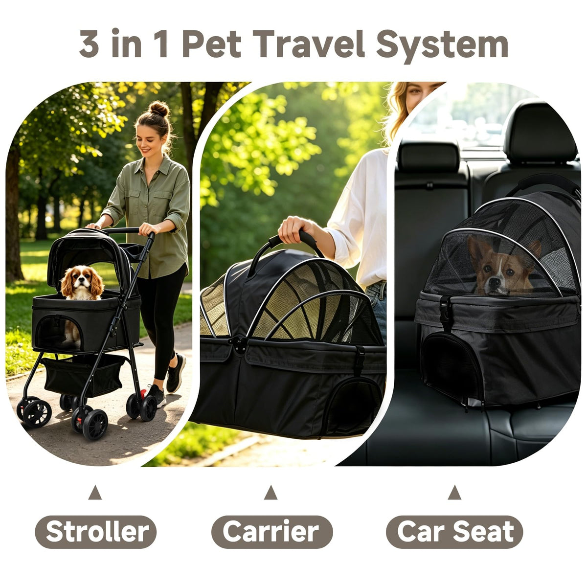 Pet Stroller for Small Dogs and Cats with 4 Wheels (Black)