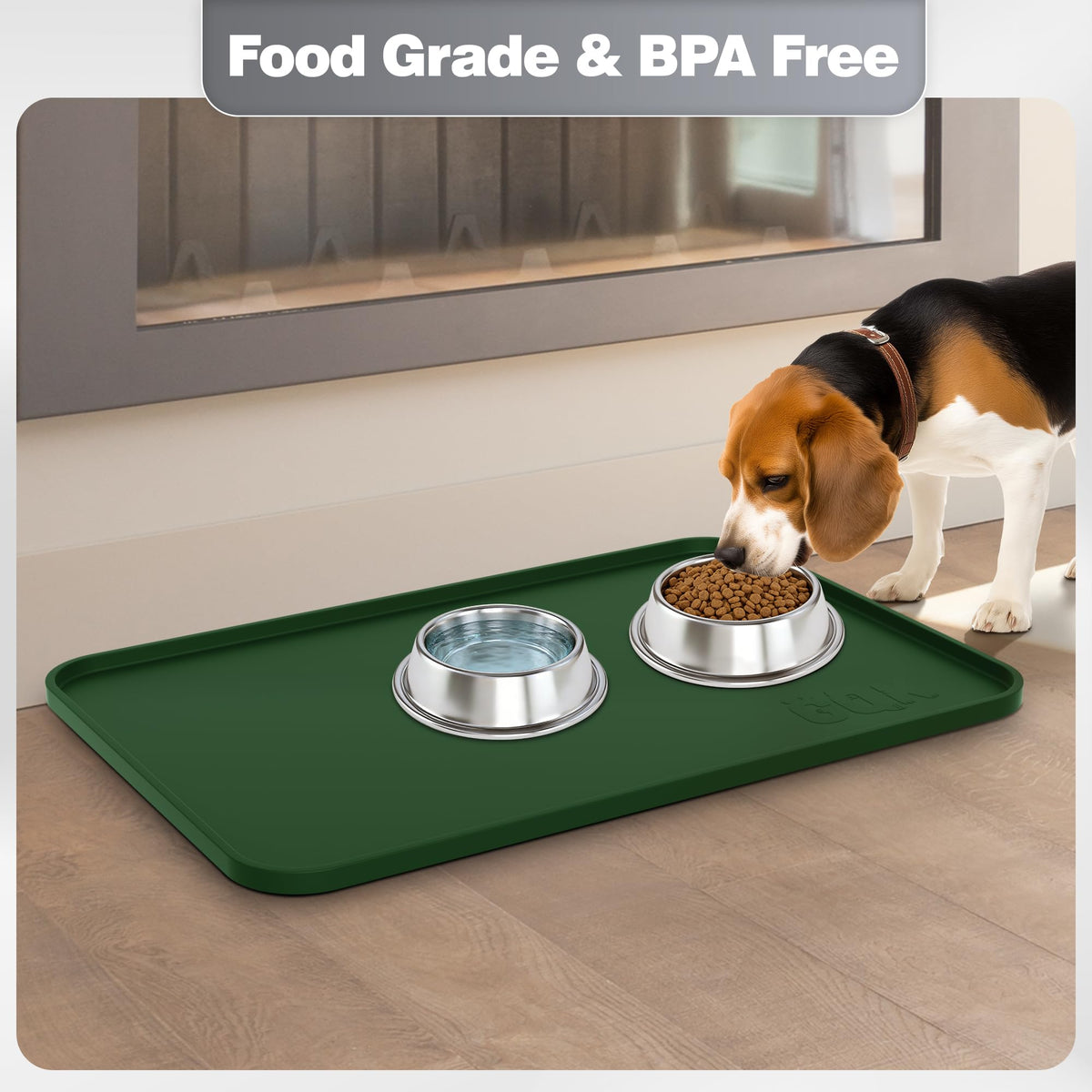 Silicone Dog Cat Food Mat Extra Thick Raised Edge (Dark Olive / 24"L x 16"W)