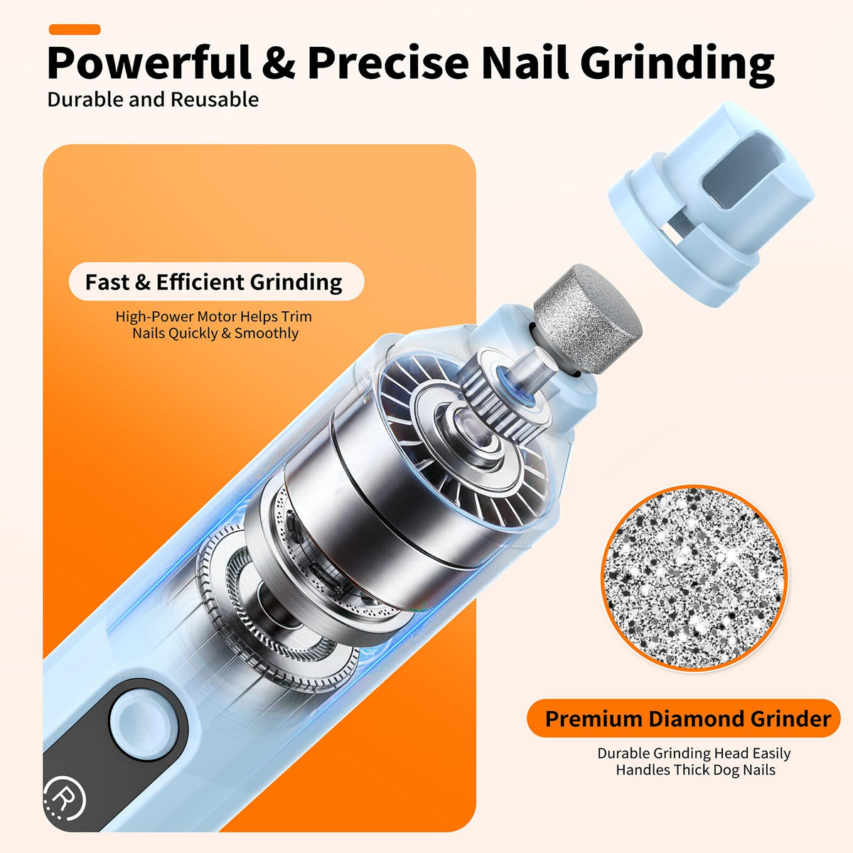 Dog Nail Grinder Quiet with LED Light Electric Cat Nail Trimmer (Blue)