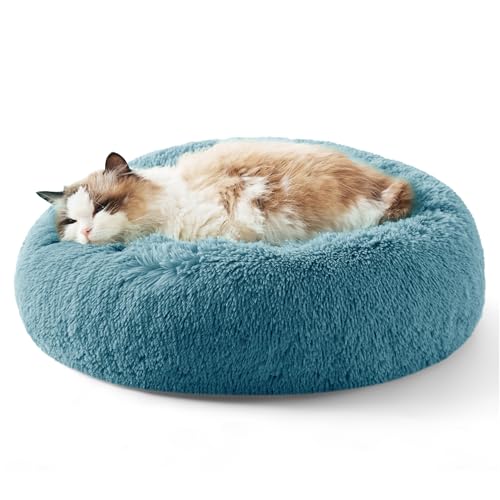 Calming Cat Beds Donut Round Washable Kitten Bed (20"L x 20"W x 6"Th / Washed Blue)
