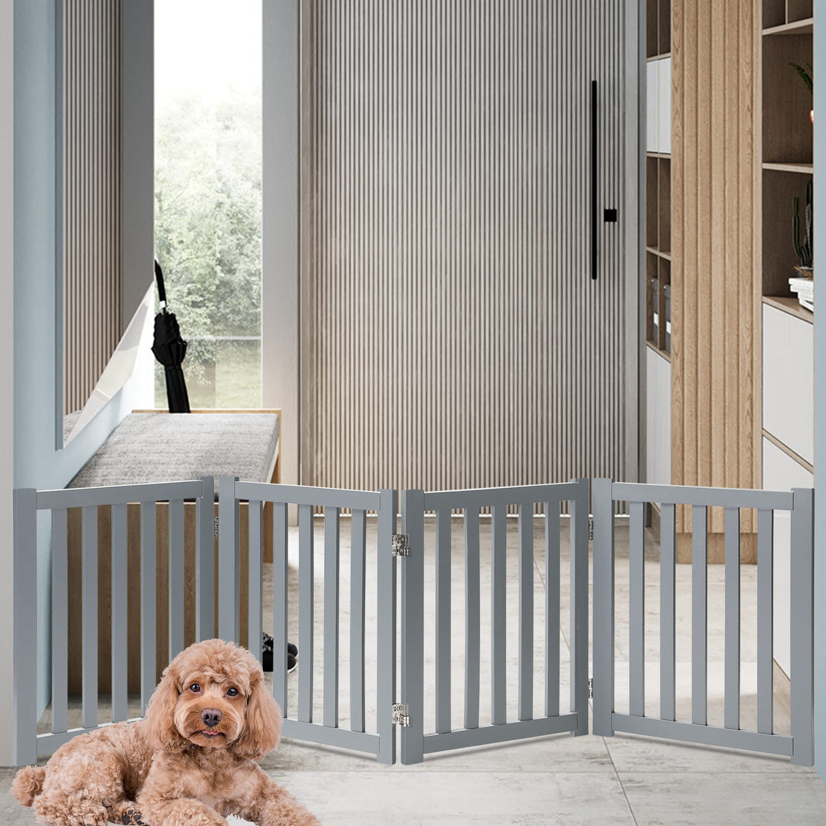 Wooden Free Standing Dog Gate 80" W x 24" H (Gray / 80"W x 24"H)