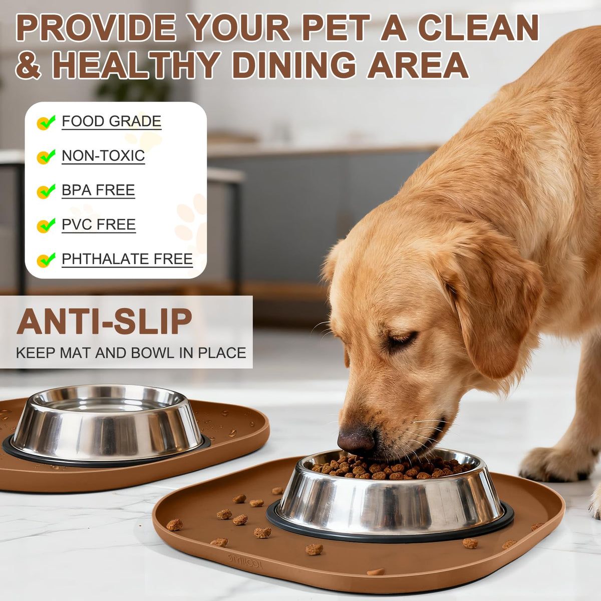 Waterproof Silicone Pet Food Mat with Raised Edge for Dog & Cat (12"L x 12"W / Brown)