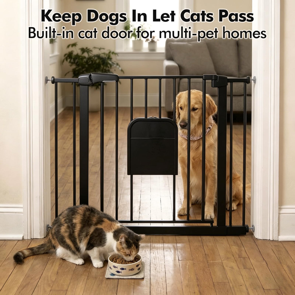 31 46“ Metal Pet Gate with Cat Door (Matte Black / 31-46"Wide,30"Tall)