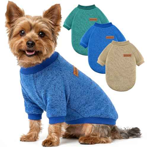 3 Pack Dog Sweaters for Small Dogs Girl Boy Winter Fleece Clothes Warm Soft Dog Sweatshirt Outfit for Dogs Cats Pet Apparel (Green+Brown+Blue / M (Back: 13.7", Chest: 17.7", 10-14 lbs))