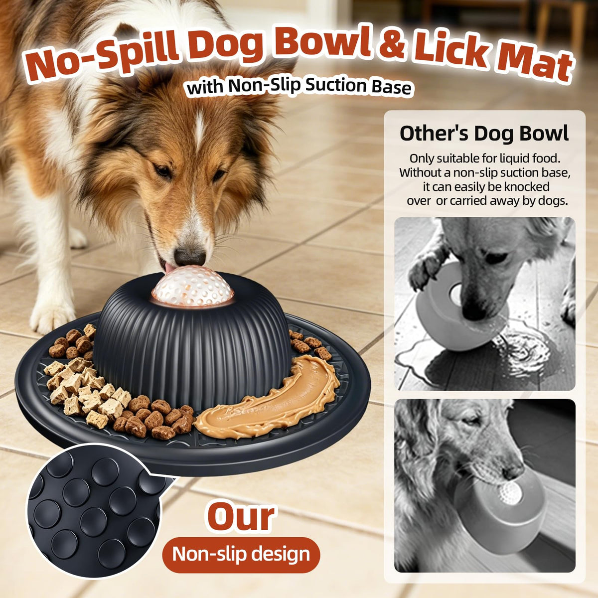 2-in-1 Dog Slow Feeder Bowl & Lick Mat with 2 Rotatable Balls, No-Slip Silicone Anxiety Relief Treat Mat for Dogs & Cats, Dishwasher Safe (Black) (Black)