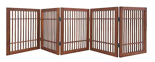 Freestanding Wooden Dog Gate Foldable Indoor Pet Gate No Drill Expandable Barrier for Doorways Stairs Hallways Portable Wood Fence for Small Dogs & Puppies (5 Panel 24" Tall / Brown Pet Gate)