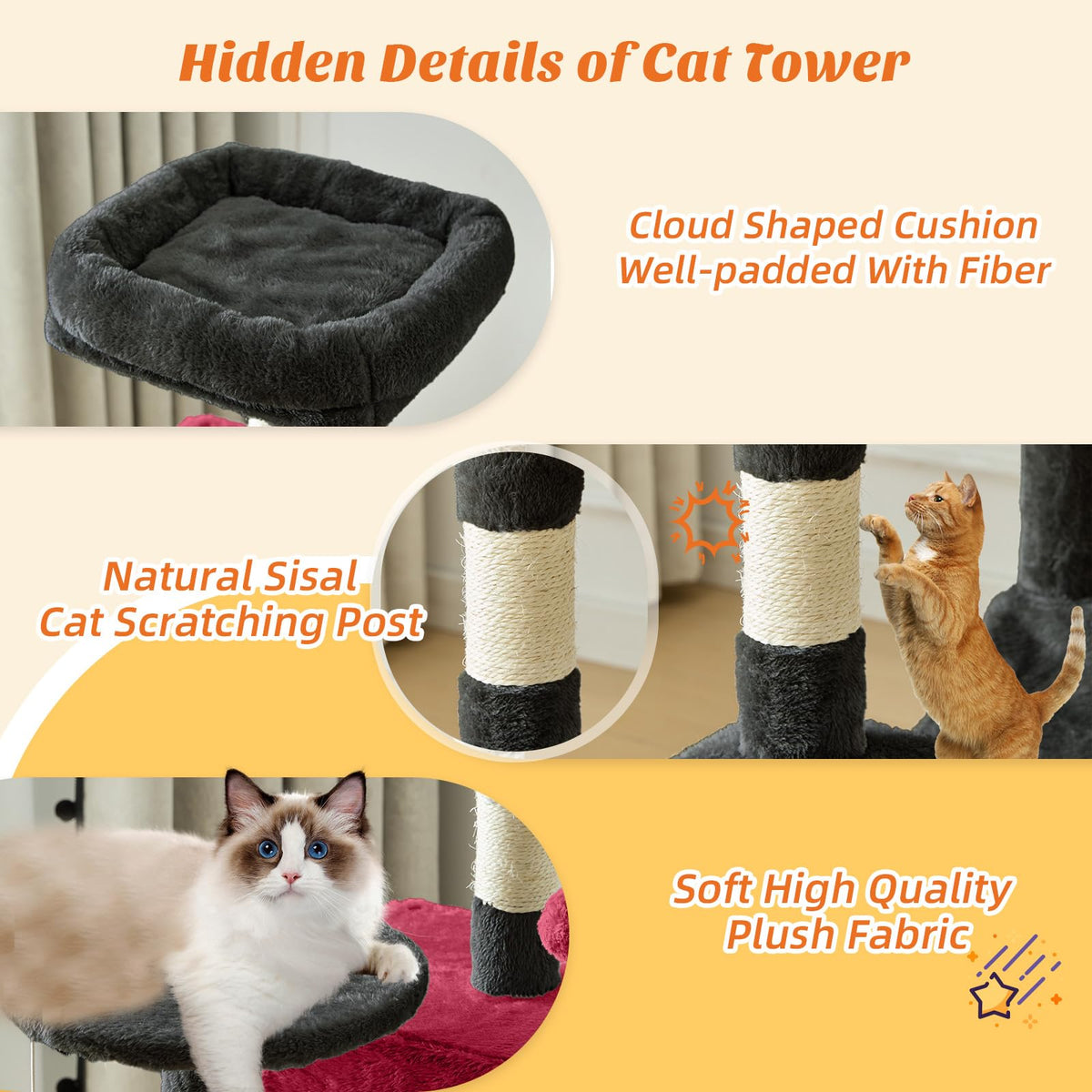 44 in Cat Tree Tower with Natural Sisal Scratching Posts (Black Red / 43.6"×13.7"×17.7")