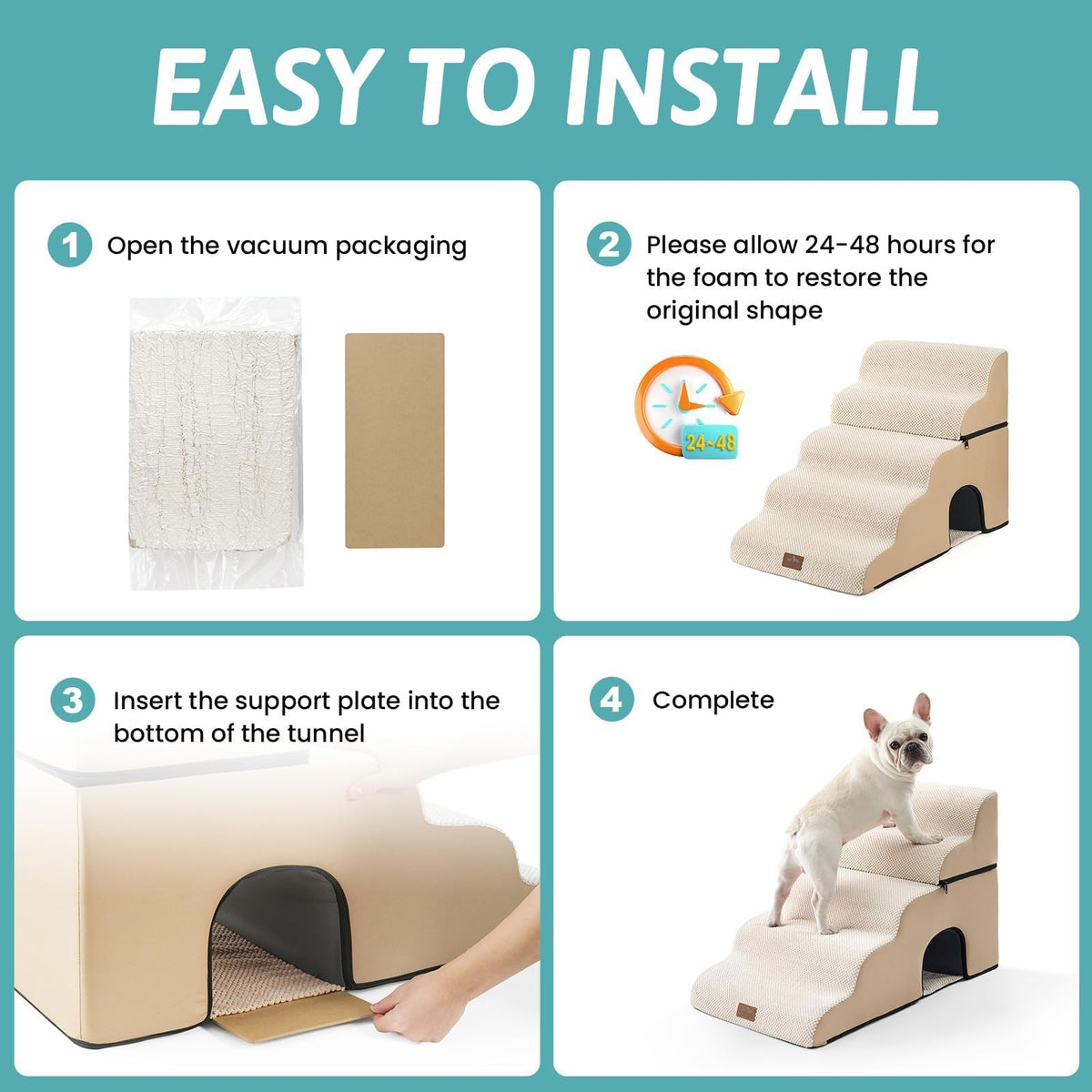 Extra Wide Small Dog Stairs with Tunnel (Beige / Detachable 19.7" x 33" x 22.4")