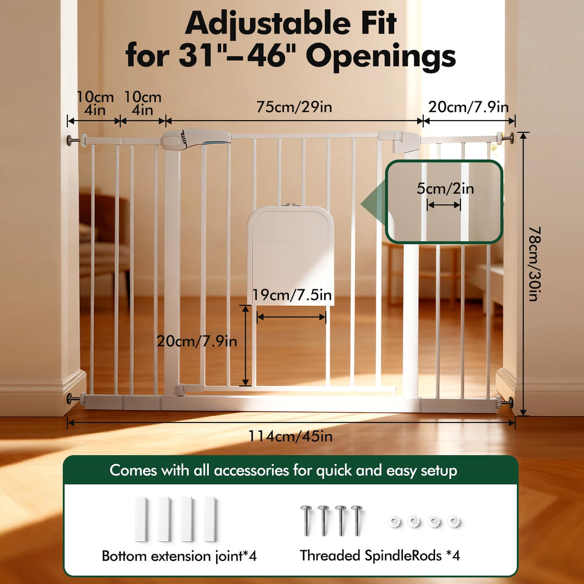 31 46“ Metal Pet Gate with Cat Door (Matte White / 31-46"Wide,30"Tall)