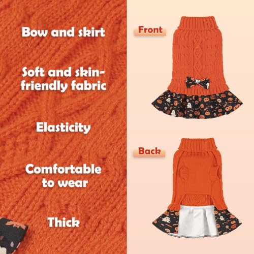 Small Dog Sweater Dress with Bowtie Turtleneck (X-Small (2-5lbs) / Pumpkin Orange)