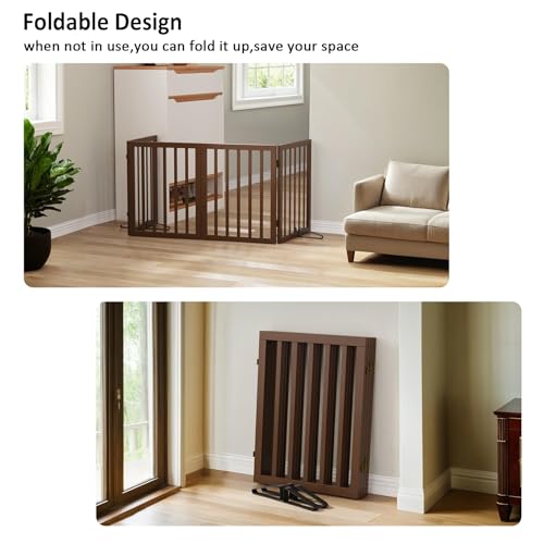 Wooden Dog Gate Freestanding Foldable 4 Panel Pet Gates Extra Wide Dog Gates for Indoor Doorways Stairs 24in Height Support Feet Included (Dark Brown / 4 Panel - 74 inches Wide)