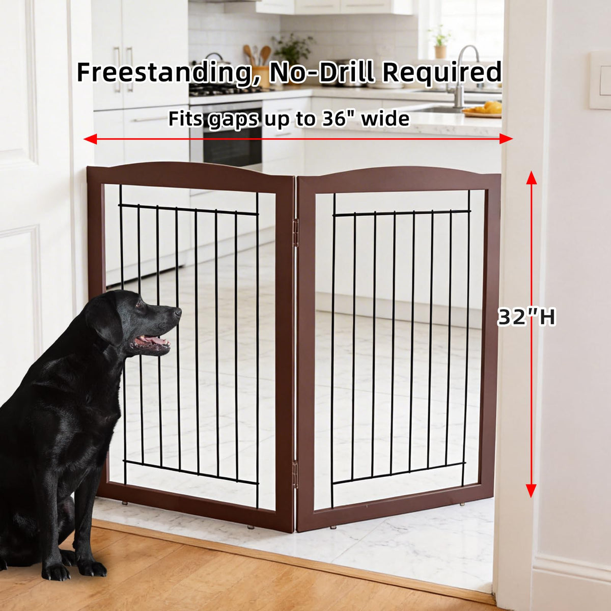 Freestanding Foldable Dog Gate for House Extra Wide Wooden Indoor Puppy Gate Stairs Doorways Pet Gate Tall Dog Fence 2 Panels Fence Brown (Brown / 【2 Panels】40''w x 32''h)