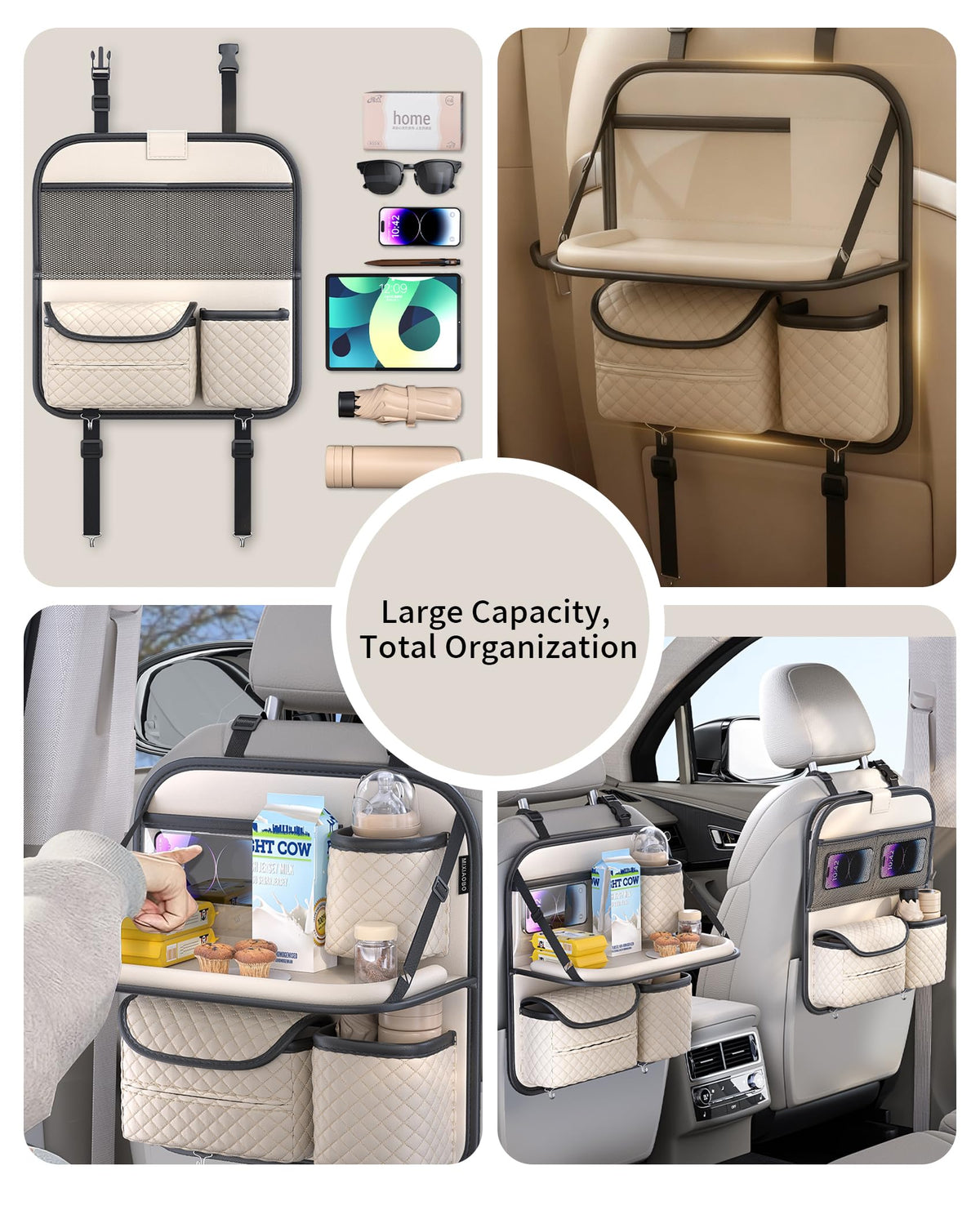 PU Leather Backseat Car Organizer with Tray (Beige)