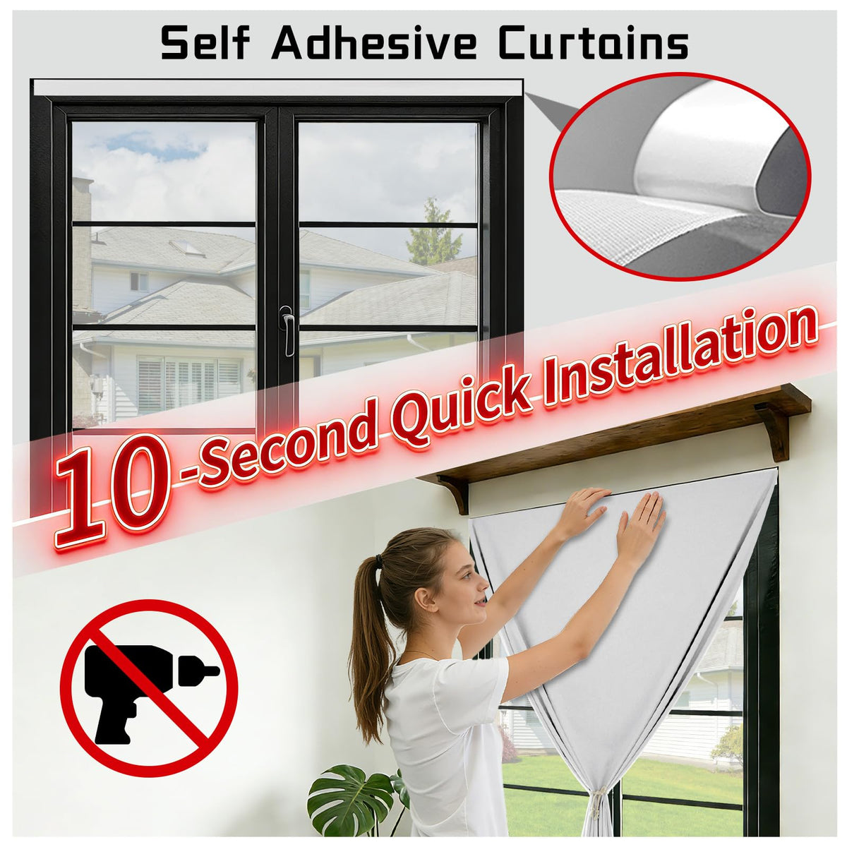 100% Blackout Self Adhesive Curtains (45"W x 60"L (Pack of 1) / Off-white)