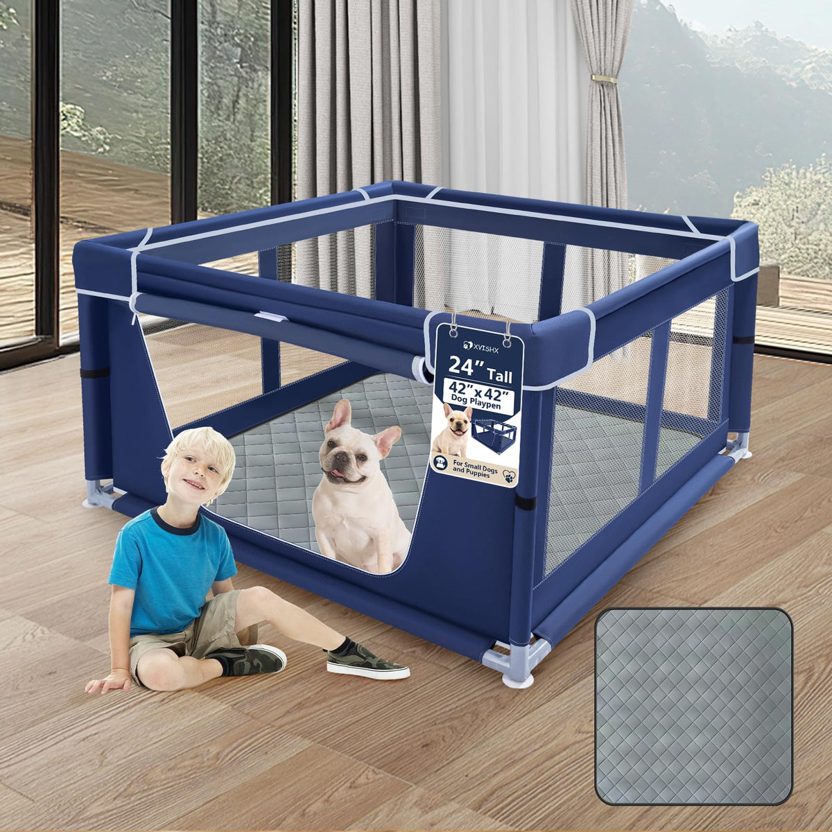 42x42 Inches Puppy Playpen with Dog Pads (Blue / 42x42 IN With Pad)