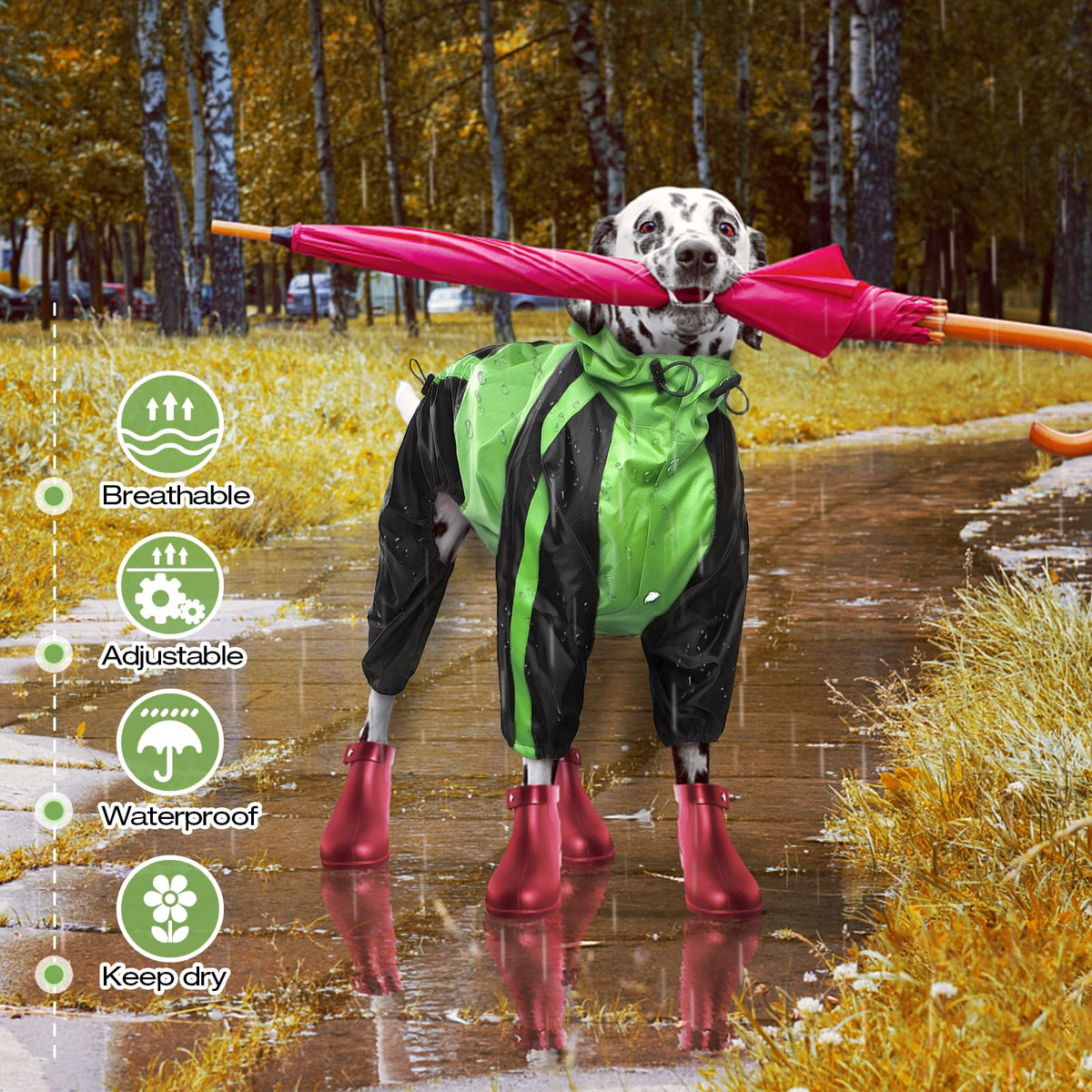 Dog Raincoat 4 Leg Waterproof Dog Rain Jacket with Hood (Green / Small)