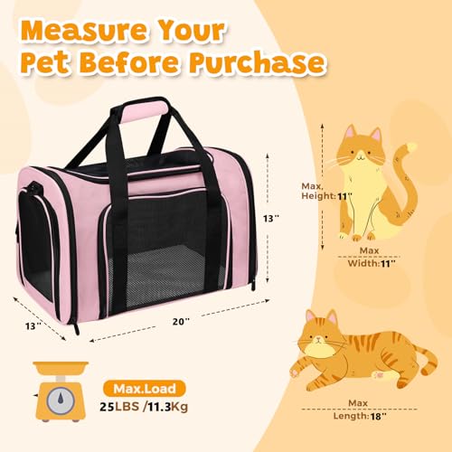 Large Cat Carrier Soft Up to 28 Lbs (20.0"L x 13.0"W x 13.0"H / Pink)