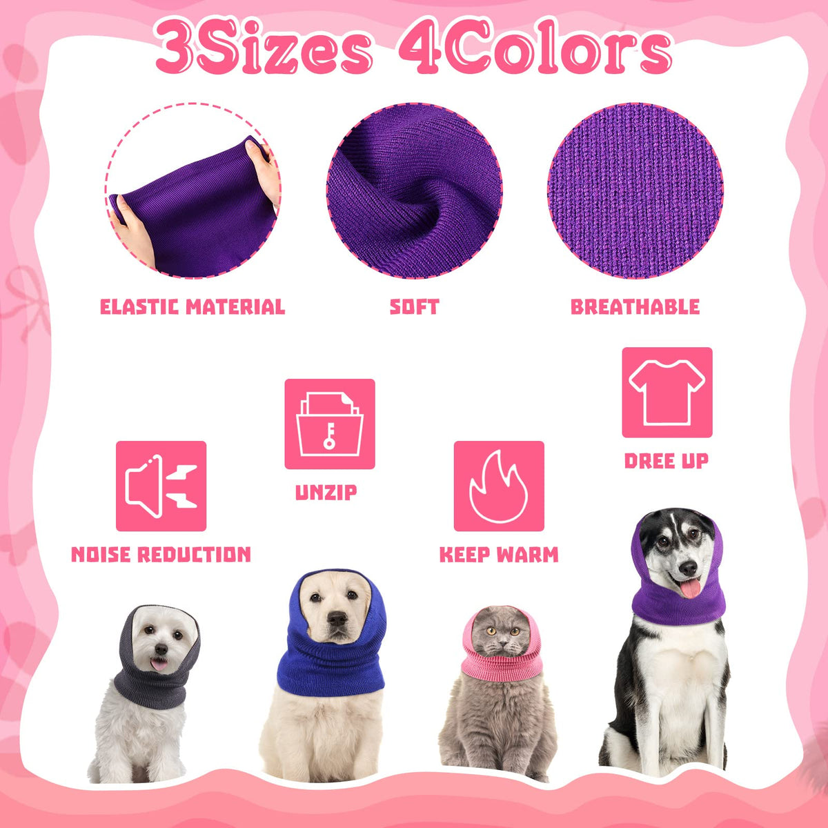 4 Pcs Dog Snoods Pet Ear Wrap Cover Sound Proof Muffs for Barking and Bathing Warm Winter Scarf for Calming (Gray, Pink, Blue, Purple / S,M,L)