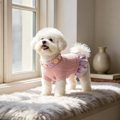 Small Dog Sweater Dress with Bowtie Turtleneck (X-Large (21-28lbs) / Dusty Pink)