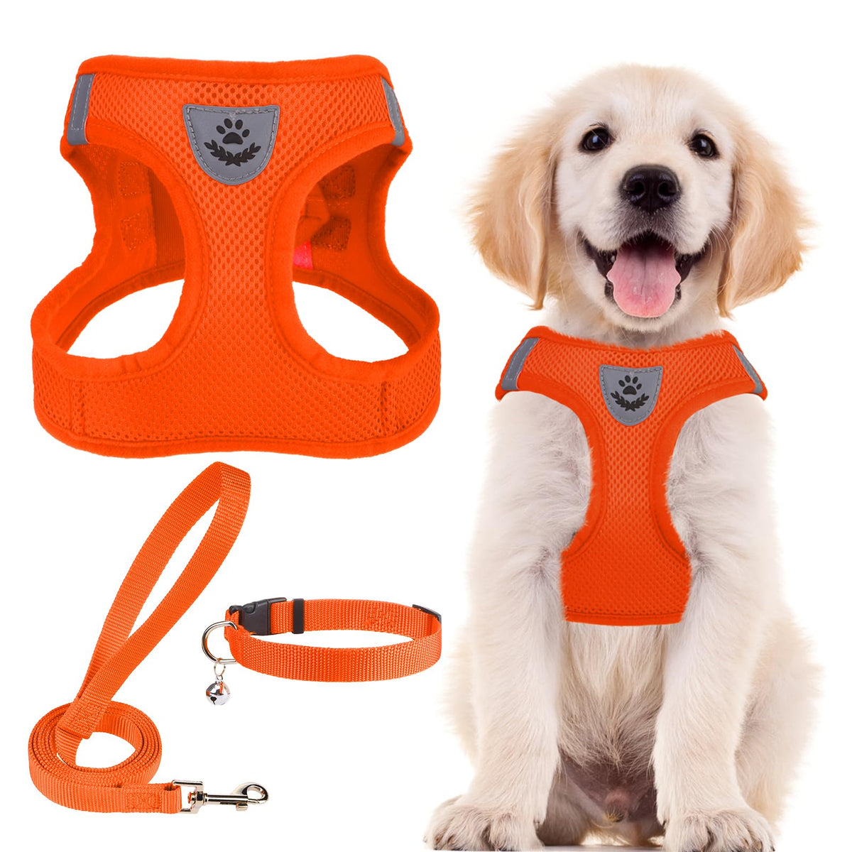 Dog Harness Collar and Leash Set No Pull for Small Medium Sized (Solid Orange / M (CHEST 16"-18"))