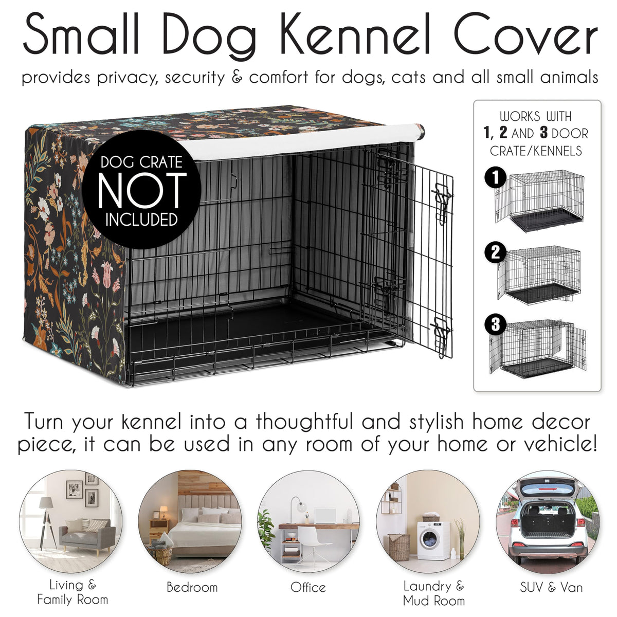 24in. Small Dog Crate Cover (Wild Flower Black / 24.0"L x 20.0"W x 18.5"H)