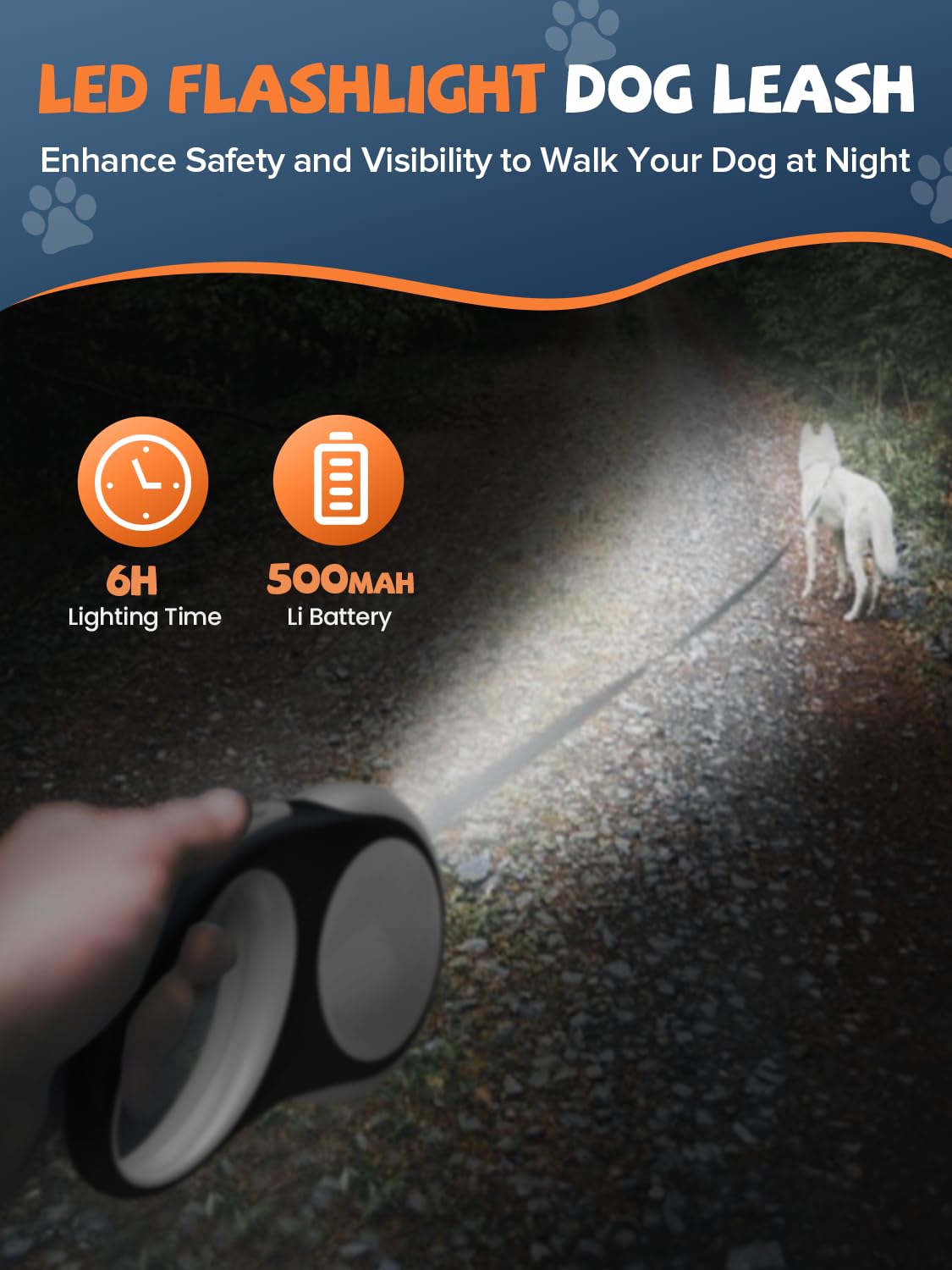 Retractable Dog Leash with LED Flashlight (White)