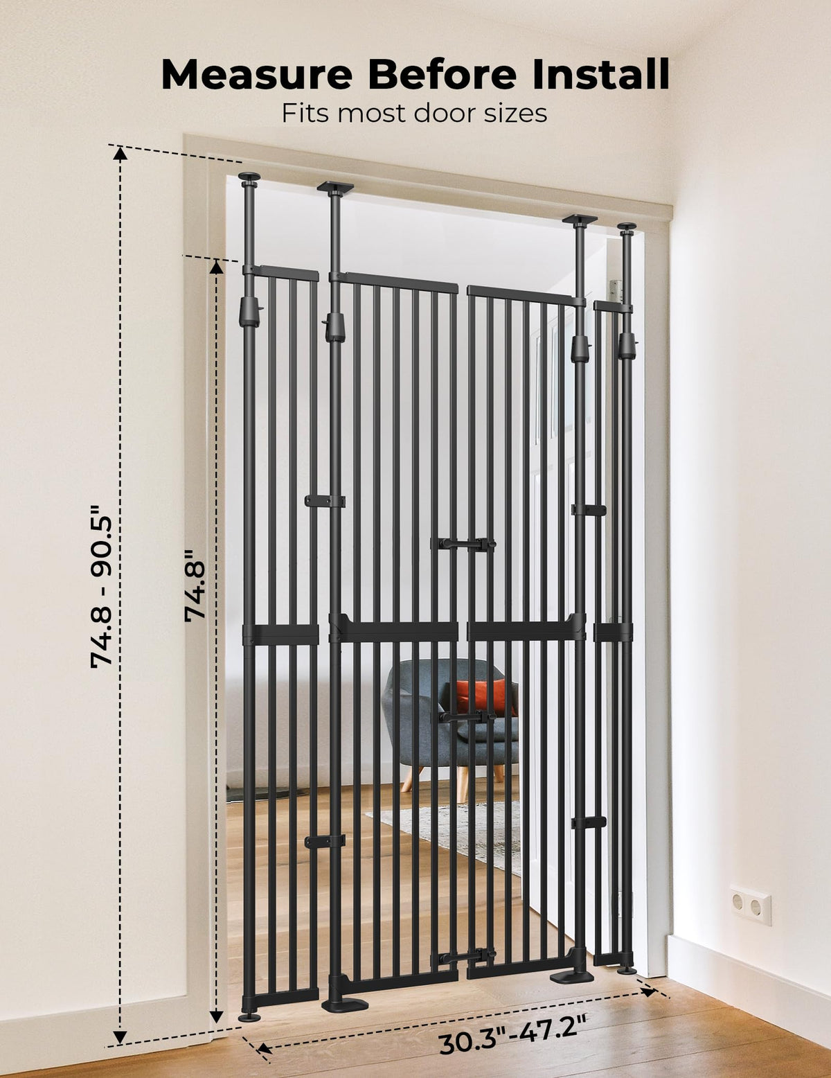 Extra Tall Cat Gate for Doorway (Black：74.8"-90.5" H x 30.3"-47.2" W)