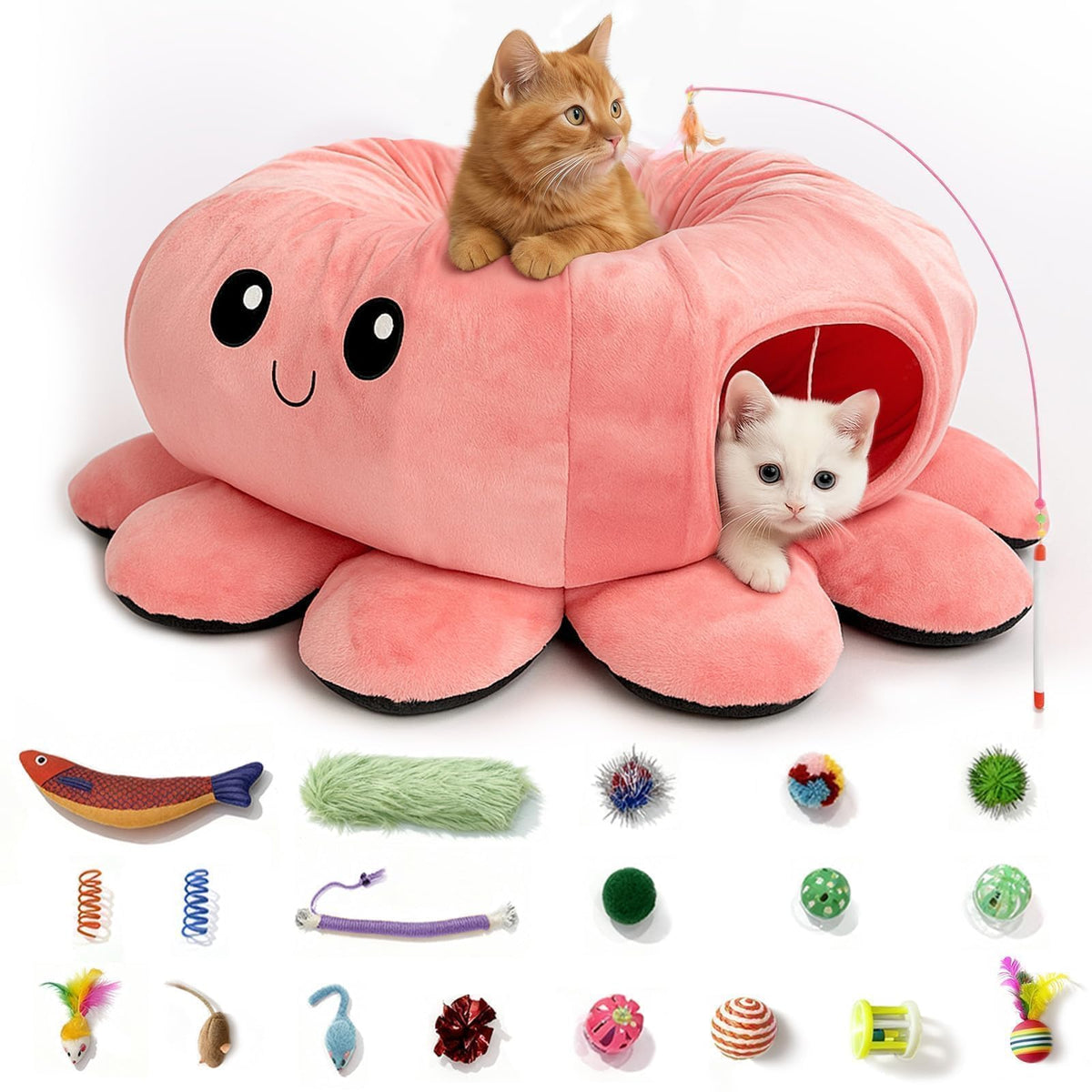 Cat Tunnel Bed with 20 Cat Toys (Pink / Large)